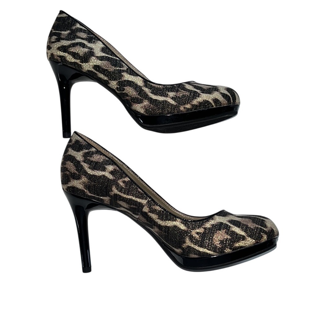 Bandolino‎ Dyre Platform Pumps Womens 6.5M Leopard Print Metallic Gold Stiletto